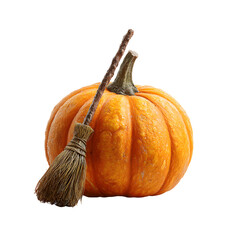 Pumpkin with witch broom, white isolated background
