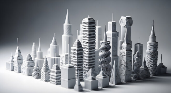 Intricate Layered Papercraft City Forming a Bar Chart