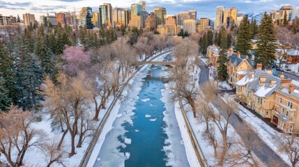 Winter scene of a frozen river surrounded by cityscape calgary aerial view nature's serenity