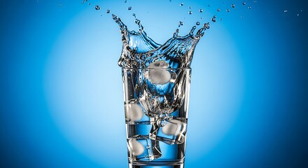 A glass of water with ice cubes is shown with a splash of water emanating from the top. The background is a gradient of blue