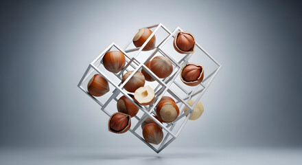 Hazelnuts, both shelled and unshelled, artfully arranged within a modern geometric cube structure against a clean gradient background.