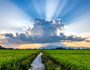 Stunning sunset over a vibrant rice paddy field with dramatic clouds