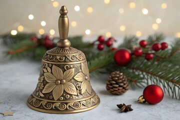 Closeup of a christmas bell with ornaments and lights in the background