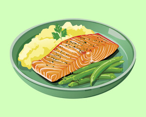 Elegant plate of pan-seared salmon served on mashed potatoes with fresh green beans and a light sauce - Vector Illustration	
