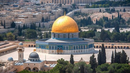Obraz premium Golden sunlight over Dome of the Rock in Jerusalem city skyline