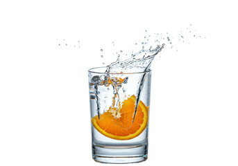 Isolated orange slice dropped into glass of water, creating a splash effect, refreshing drink