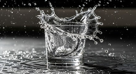 a glass of water with a splash erupting from it. Water droplets are suspended in the air around the glass