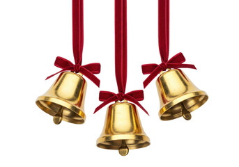 Isolated Christmas bells ornament with red ribbon and bows, celebration mood, golden