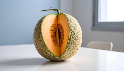 Cantaloupe half on white table