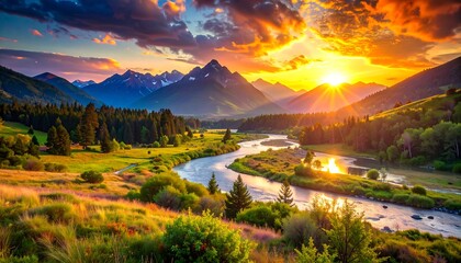 Majestic sunrise over a mountain range, a flowing river, and vibrant, lush green fields with touches of yellow and orange