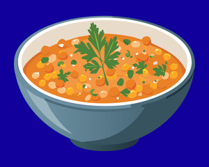 Hearty bowl of lentil or bean stew with minced carrots and fresh parsley, perfect for a warming meal - Vector Illustration	