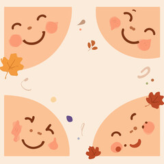Vector design of Template autumn theme showcasing smiling facial expressions with simple flat design elements, featuring warm and vibrant autumn colors, minimalist lines, and subtle textures,