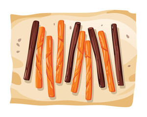 Rustic Batch of Sweet Potato or Carrot Snack Sticks Baked Until Golden Brown and Served on Baking Parchment Paper - Vector Illustration	