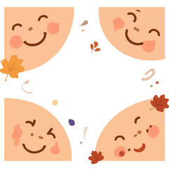 Template autumn theme showcasing smiling facial expressions with simple flat design elements, featuring warm and vibrant autumn colors, minimalist lines, and subtle textures,