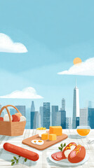 Picnic spread featuring various meats, cheeses, and mustard with a skyline view in the background and a sunny sky