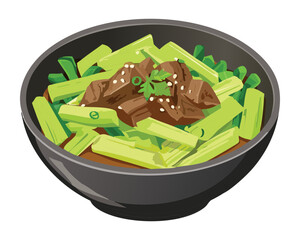 Hearty Traditional Beef Stew with Celery and Root Vegetables Cooked in a Black Skillet - Vector Illustration	