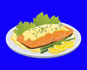 Gourmet Baked Salmon Fillet with Lemon Slices and Herb Garnish Served on a White Plate - Vector Illustration	