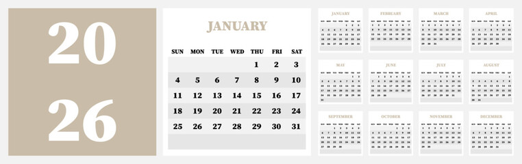 Vector calendar. Year 2026. Week starts on Sunday. Has 12 months. Calendar ready for printing.