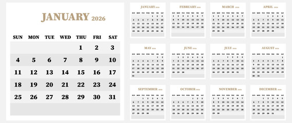 Vector calendar. Year 2026. Week starts on Sunday. Has 12 months. Calendar ready for printing.