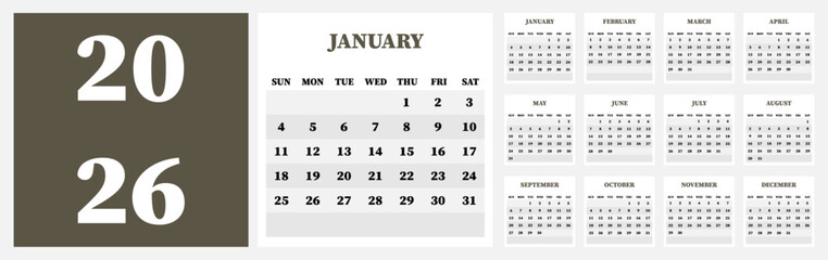 Vector calendar. Year 2026. Week starts on Sunday. Has 12 months. Calendar ready for printing.