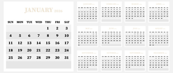 Vector calendar. Year 2026. Week starts on Sunday. Has 12 months. Calendar ready for printing.