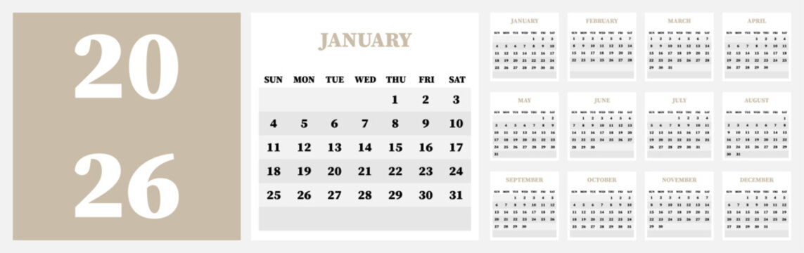 Vector calendar. Year 2026. Week starts on Sunday. Has 12 months. Calendar ready for printing. - Powered by Adobe