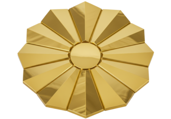 Isolated shiny golden radial design, geometric pattern, metallic emblem, 3D render
