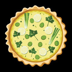 Homemade Round Savory Egg and Cheese Tart with Herbs and Small Vegetable Pieces - Vector Illustration	