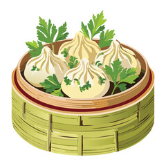 Classic Asian Steamed Dumplings (Shumai or Bao) with Green Garnish in a Bamboo Basket - Vector Illustration	