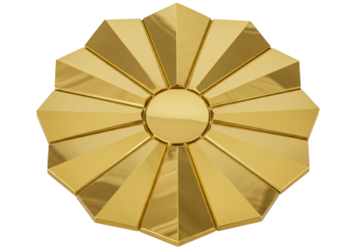 Isolated shiny golden radial design, geometric pattern, metallic emblem, 3D render