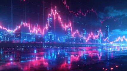 Futuristic Cityscape with Financial Graph Overlay and Neon Reflections Creates a Cyberpunk Aesthetic - Powered by Adobe