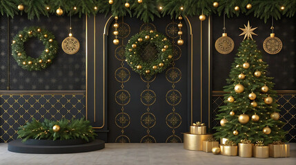 Elegant Christmas interior with black and gold theme, luxury holiday decor, Christmas tree, wreaths, and presents for design inspiration, magazines, promotional ads, and catalogs