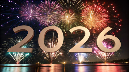New Year 2026 celebration with colorful fireworks over water for event posters, digital greetings, marketing visuals, countdown promotions, and festive New Year's Eve designs