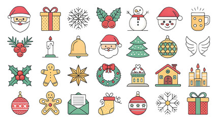 Flat vector Christmas icon set with holiday decorations and winter symbols for greeting cards, gift tags, festive web designs, printable stickers, and seasonal marketing materials