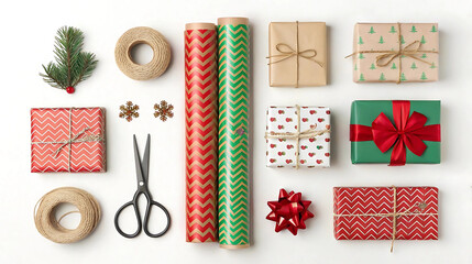 Christmas gift wrapping flat lay with presents, ribbons, scissors, twine, and paper for craft blogs, DIY tutorials, social media content, holiday promo visuals, and packaging inspiration