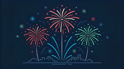 Colorful firework vector illustration in flat style with city skyline for New Year greeting cards, event posters, digital art, social media banners, and festive celebration graphics