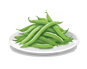 Group of Fresh Green Beans on a White Plate, Perfect as a Healthy Side Dish or Vegetable Ingredient - Vector Illustration	
