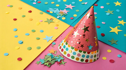 Colorful party hat and confetti on vibrant paper background, ideal for birthday and New Year party invitations, kids' celebration graphics, festive ads, and playful design projects