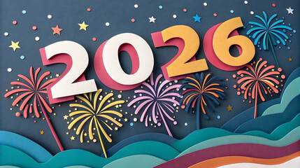 Colorful paper cutout numbers 2026 with fireworks on dark background, ideal for New Year greeting cards, craft projects, poster designs, and creative countdown celebration visuals