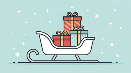 Christmas sleigh with wrapped gifts flat illustration on light background, great for holiday cards, gift tags, children’s books, printable graphics, and festive cartoon content