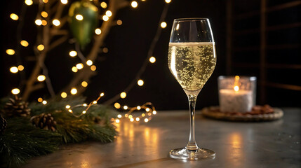 Elegant glass of sparkling wine on festive table with Christmas lights and candle, perfect for New Year toast visuals, holiday lifestyle photography, party ads, and celebration content