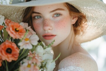 Young woman with freckles and sunhat smiling