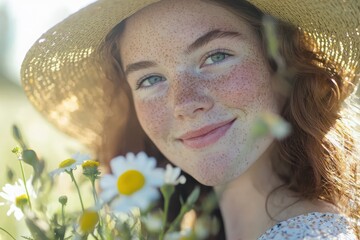 Young woman with freckles and sunhat smiling