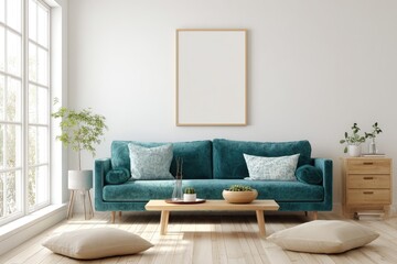 Modern living room mockup with teal sofa