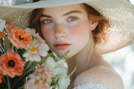 Young woman with freckles and sunhat smiling - Powered by Adobe