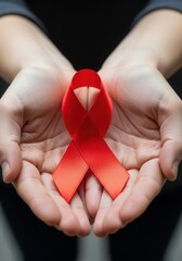 Red ribbon in the hands as a symbol of the fight against aids disease