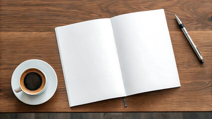 Overhead view of an open blank notebook with a cup of coffee and a pen on a wooden desk