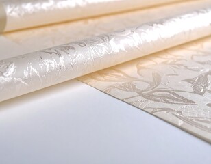 Beige wallpaper rolls on a white background