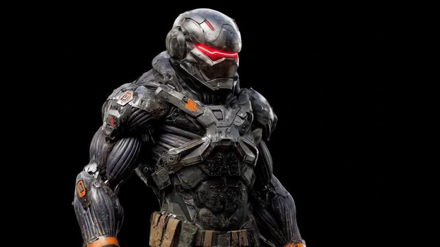 Futuristic robot warrior with glowing red visor and textured gray armor stands ready