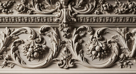 Detailed plasterwork featuring floral and fruit motifs in light gray